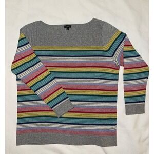 Talbots Sweater Boat Neck Stripes 1X Cashmere Cotton blend Gray Plus XXL